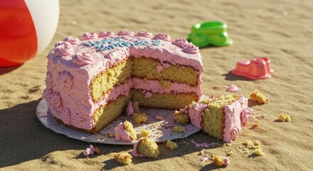destroyed cake | A vibrant pink frosted birthday cake sits on a sandy beach, partially sliced, with playful beach toys scattered around, capturing a joyful summer celebration