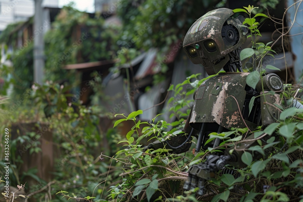 Poster camouflaged robot partially concealed by overgrown foliage in a post apocalyptic urban setting near 