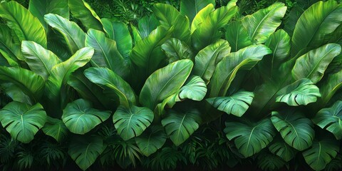 Dense canopy of bright green tropical leaves, viewed from above, offers a vibrant natural pattern, perfect for backgrounds and wellness design.