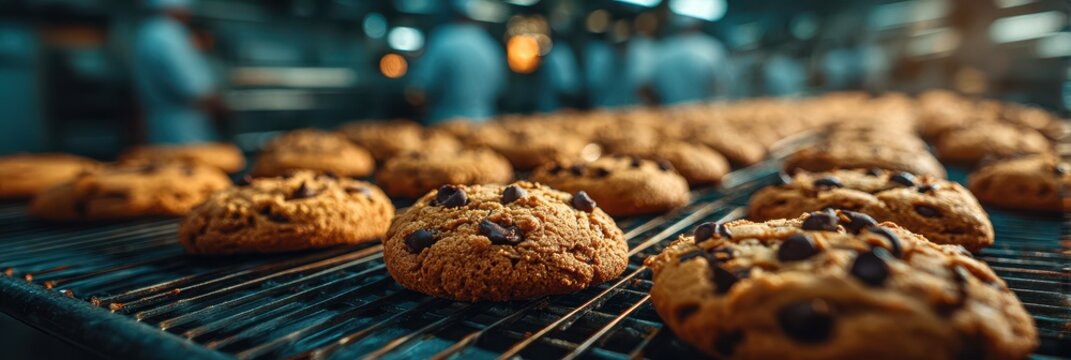 Freshly baked chocolate chip cookies cooling on a wire rack in a busy bakery