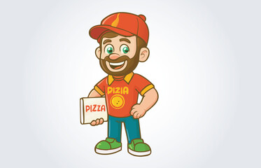 Pizza Boy Mascot Cartoon Character Logo or Label Template