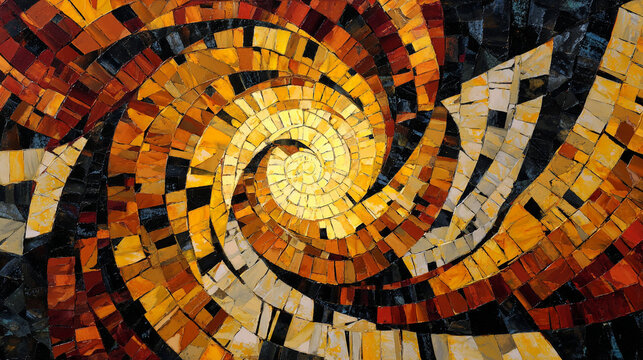 A mesmerizing spiral mosaic artwork composed of geometric tiles in warm shades of yellow, orange, and brown against a dark background - Powered by Adobe