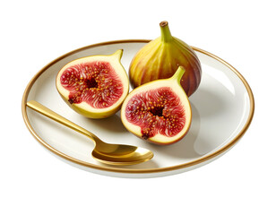 Fresh fruit halves on white plate with gold spoon, isolated on transparent background, studio shot, healthy food concept, closeup view, appetizing, delicious fruits, perfect lighting, high quality