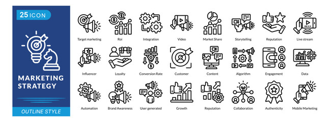 marketing strategy icon set collection in outline style. an icon pack contain roi, integration, video, market share, storytelling, reputation, live stream, influencer, loyalty