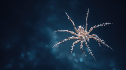 Close-up macro photograph featuring a spiky spider against a gradient blue background