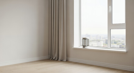 empty room with a window and heater on the windowsill 