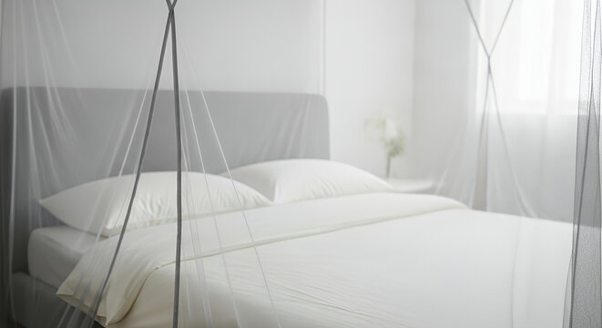 Serene bedroom with a mosquito net draped over a neatly made bed
