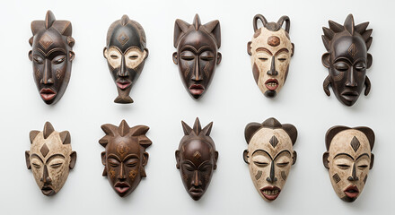 African masks collection displayed on white background with copy space