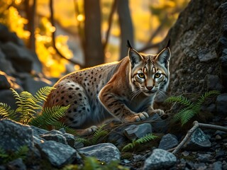 Wild lynx in a rocky forest