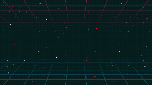 Pixel art background.8 bit game.retro game. for game assets in vector illustrations.Retro Futurism Sci-Fi Background. glowing neon grid.and stars from vintage arcade comp