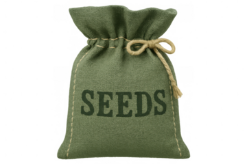 Green seed bag tied with rope, isolated on transparent background, ready for planting and gardening