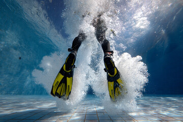 Diver in black wetsuit with yellow fins creating splashes in a clear swimming pool environment