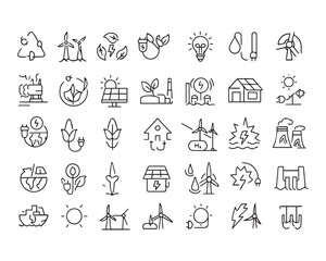 Set of outline icons related to green, renewable energy, alternative sources energy. Eco icon collection