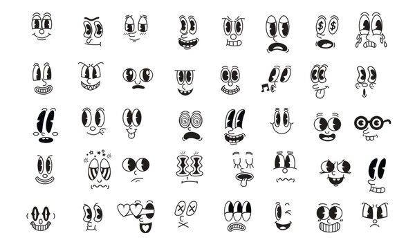 Set of Cartoon Face Expressions. Funny Black and White Comic Style Character Emotions