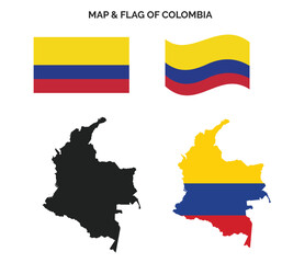 colombia flag and map set. colombia flag in official colors and silhouette. independence day 20 july, map, rectangle and wavy shaped colombia