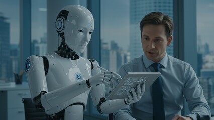 AI humanoid robot interacting with human collaborator in office setting
