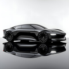 Sleek black car reflecting on a glossy surface, embodying modern automotive design.