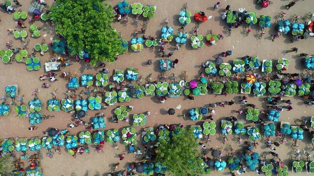 Rajshahi, Bangladesh - 25 July 2025: Aerial view of people trading vegetables in a market, creating a vibrant tableau of colors and textures from above.