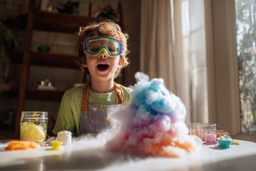 Curious child exploring colorful science experiments in a cozy indoor setting