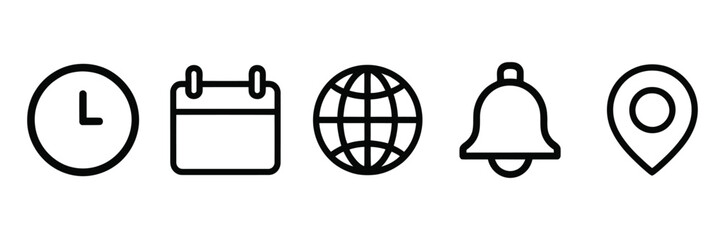 Time, Calendar, Globe, Bell, and Location Icon Set