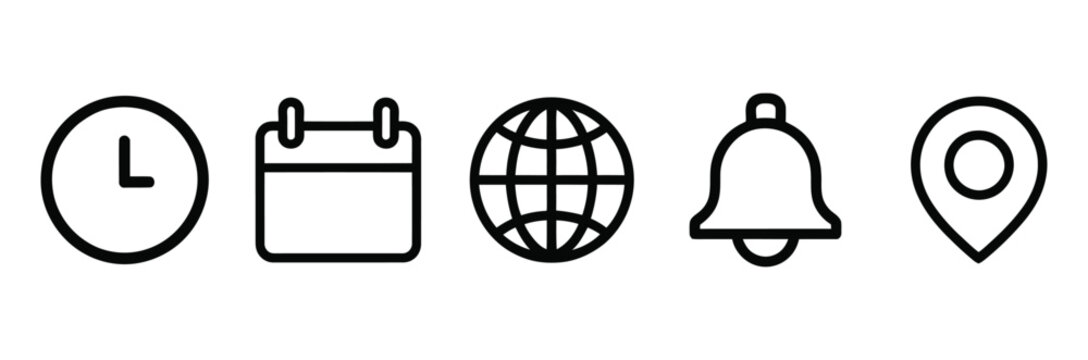 Time, Calendar, Globe, Bell, and Location Icon Set