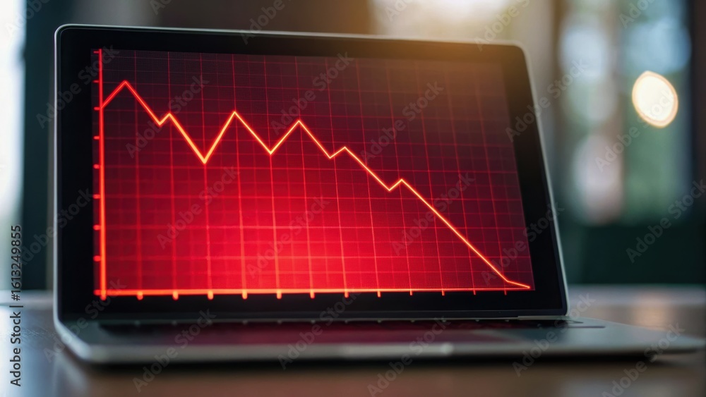 Poster a laptop displaying a downward trend on a red graph, symbolizing loss or decline in data or performa