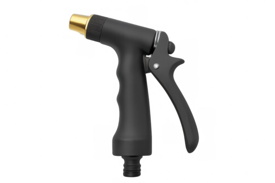 Garden hose nozzle with adjustable settings for watering plants and cleaning, isolated on transparent background