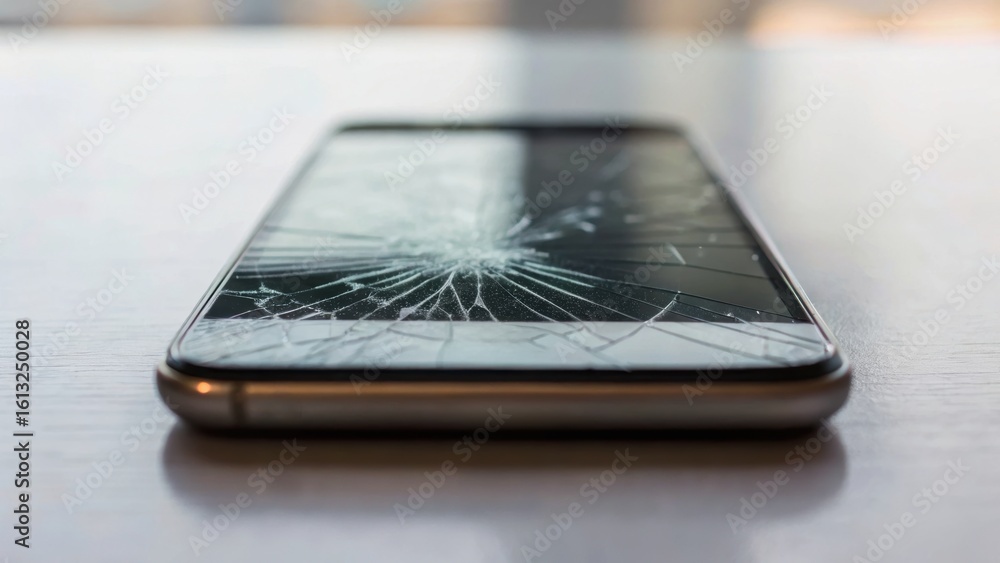 Poster a close-up of a smartphone lying on a surface, featuring a shattered screen with visible cracks radi