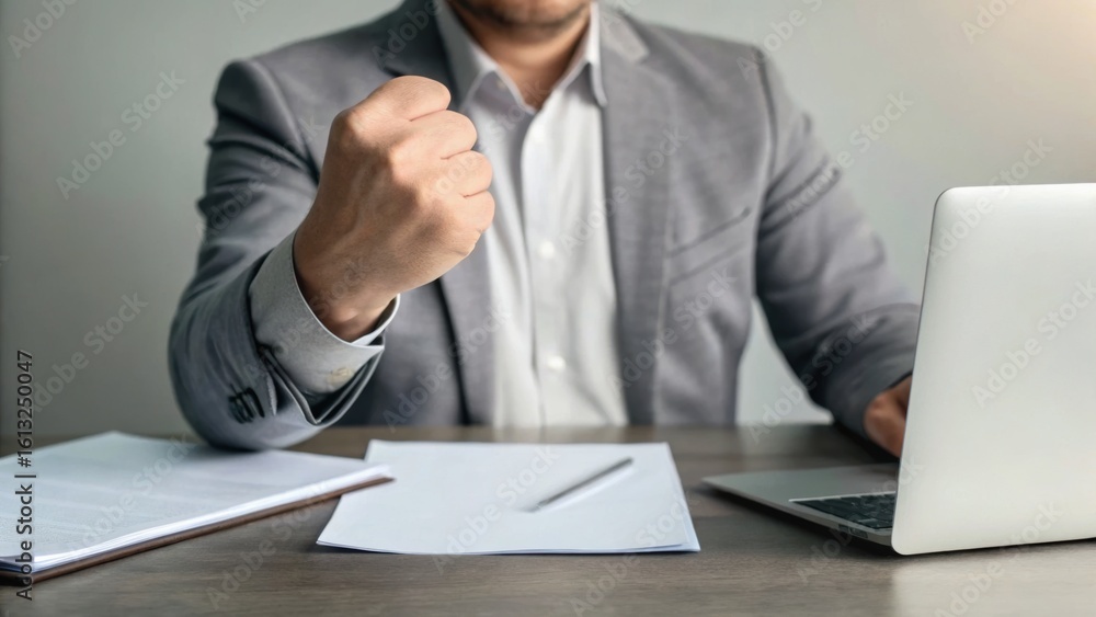 Poster a businessman shows determination with a clenched fist while seated at a desk with documents and a l