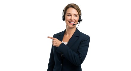Friendly female call center operator with a headset smiling and pointing aside. Happy businesswoman offering customer support and assistance.