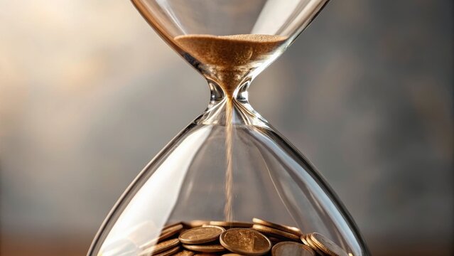 An hourglass with sand flowing down, revealing coins at the bottom, symbolizing the passage of time and value.