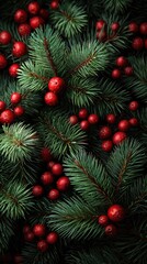Bright red berries and lush green pine needles create a festive atmosphere during the holiday season