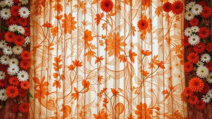 Orange and White Floral Curtains, Textured Background Design