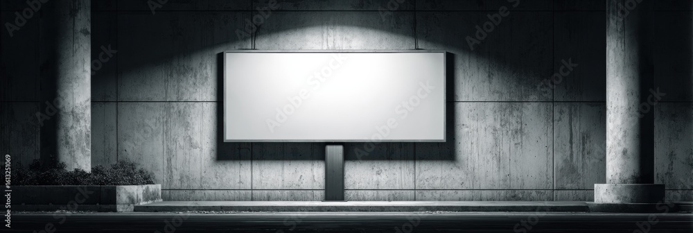 Poster monochrome minimal billboard illuminated by a spotlight against a textured wall with a blank space o