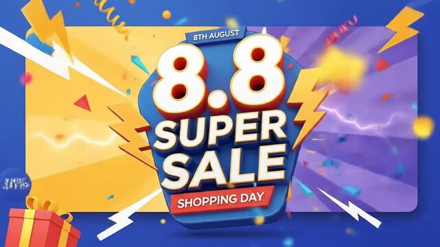 Vibrant 8.8 Super Sale banner announces a shopping day with dynamic graphics and confetti.