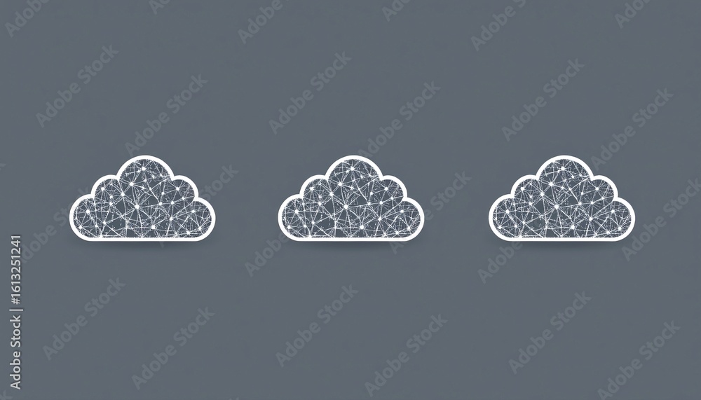 Poster three connected cloud icons representing data storage or cloud computing on grey background, symbol 