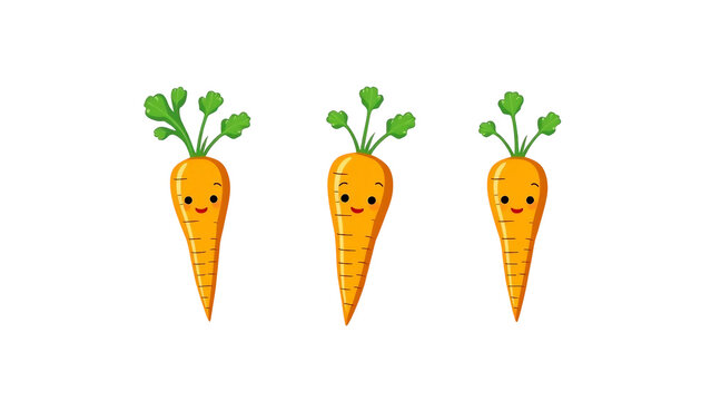 niedliche Karotten mit fr&ouml;hlichen Gesichtern im Cartoon-Stil &ndash; ideal f&uuml;r Kinderdesign, Ern&auml;hrung und Lernmaterialien.