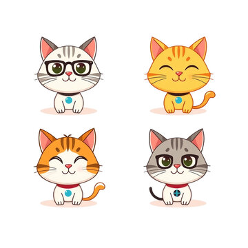 niedliche Cartoon-Katzen mit Brille und Halsband, stilisiert im Anime-Stil &ndash; ideal f&uuml;r Sticker, Kinderdesigns und Haustier-Projekte.