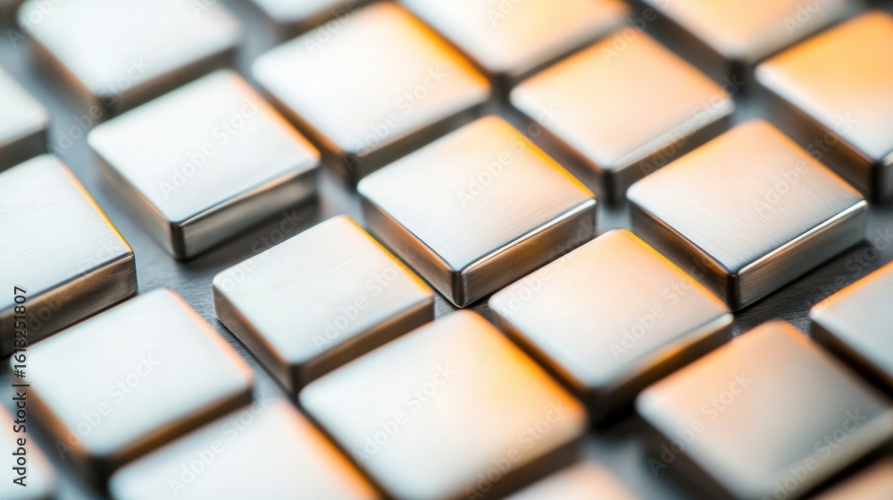 Poster metallic keys are positioned in a grid pattern, reflecting warm light that enhances their smooth sur