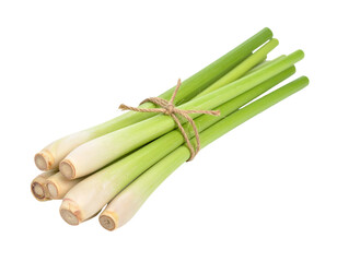 Bunch of fresh lemongrass stalks tied with twine, isolated on transparent background, vibrant green color, natural lighting, close-up view, fresh herbs, kitchen ingredient