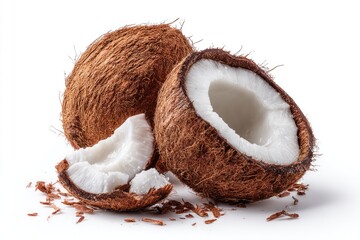Two coconuts, one whole, one halved, with pieces
