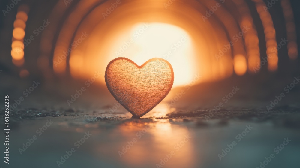 Poster a heart-shaped object rests on a surface, glowing softly as sunlight streams through a tunnel, creat