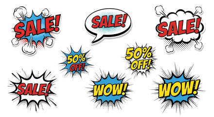Dynamic comic book sale and discount bursts create exciting promotional graphics, perfect for catching attention