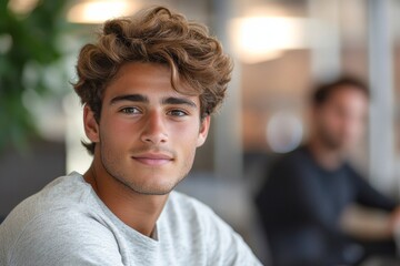 Two young male businesspeople discussing a project while using a computer in a modern office, reflecting collaboration and innovation in the workplace, Generative AI