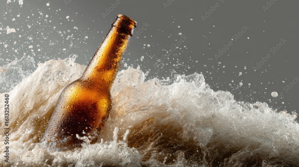 Poster foamy beer wave crashes into bottle creating a dynamic splash and captivating moment of energy and r