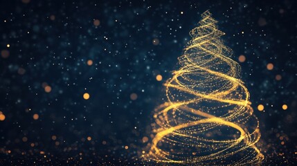 Sparkling golden spiral tree illuminated against a deep blue backdrop, surrounded by glowing orbs and soft falling snowflakes during the holidays