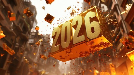 Golden 2026 block floating amidst a futuristic urban backdrop in dynamic setting