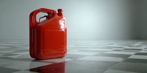 The vibrant red fuel canister on a stylish checkered floor surface.