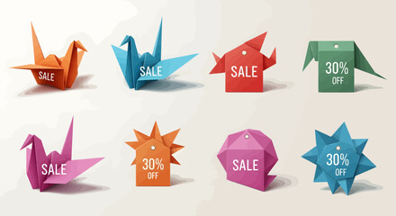 Brightly colored origami sale tags and cranes with 30% off promotions, a dynamic silhouette collection for retail.