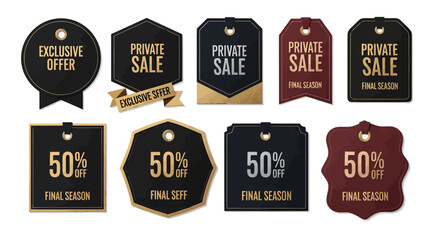 Elegant silhouette sale tags and exclusive offer labels with gold accents, perfect for premium promotions and final season discounts, creating a luxurious shopping experience.